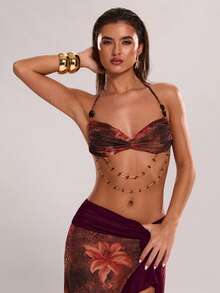 SHEIN BAE 女士长款黄色碎花连衣裙，饰有串珠，性感沙滩度假连衣裙，适合海滩旅行和休闲场合 - 黃色 - 查看 6