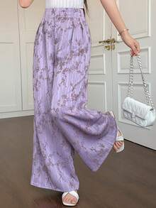 DAZY Women's Elegant Floral Print Wide Leg Maxi Pants, Spring/Summer - Purple - View 1