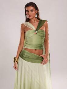 SHEIN BAE 女士渐变印花领巾吊带背心，适合度假休闲穿着，优雅渐变绿色吊带背心，沙滩度假吊带背心 - 薄荷綠 - 查看 5