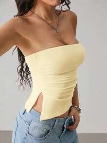 SHEIN PETITE Áo quây nữ màu trơn dáng suông xẻ tà bên hông, thích hợp cho mùa hè. - Màu be - Xem 2