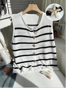 Comfortcana Cardigã listrado sem mangas com decoração de estrela-do-mar metálica para mulheres plus size - Preto e Branco - Ver 3