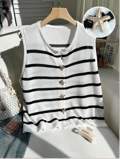 Comfortcana Plus Size Women Metal Starfish Decor Sleeveless Striped Cardigan