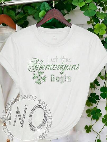 EMERY ROSE Let The Shenanigans Begin Bling T-Shirt, St. Paddys Day Rhinestone T-Shirt, Bling T-Shirt St. Patrick's Day, Rhinestone T-Shirt St. Patrick's Day,Plus Size Women's T-Shirt