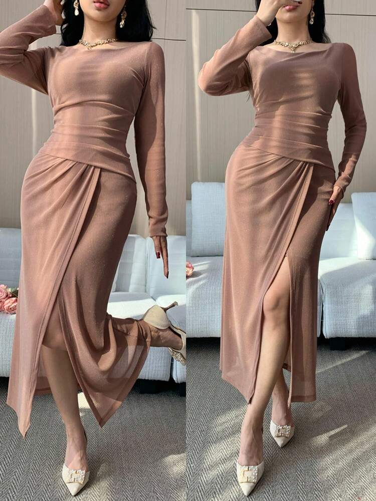 Women's Elegant Solid Color Asymmetric Shoulder Ruched Slit Midi Dress, Spring/Summer Wedding Guest Dress Sundress