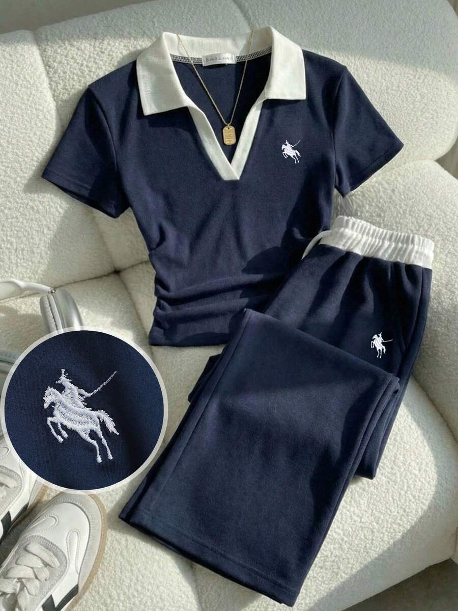 SHEIN 少女撞色Polo领修身短袖上衣和腰部褶皱半裙两件套，藏蓝色和白色，春夏款 - 寶藍色 - 查看 1