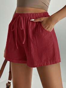 SHEIN Tall Quần short ống rộng màu trơn, có túi xoắn, kiểu dáng thường ngày, đa năng. - Màu Đỏ Sâu - Xem 5