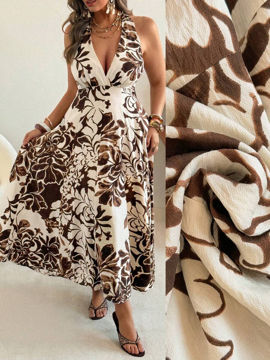 Ceyna Đầm maxi dáng chữ A hở lưng, sang trọng, thanh lịch kiểu Pháp dành cho nữ cỡ lớn mùa xuân/hè, phong cách bohemian thường ngày, thoải mái, in hoa, cổ chữ V, thắt eo, buộc dây, cổ yếm. - màu nâu - Xem 1