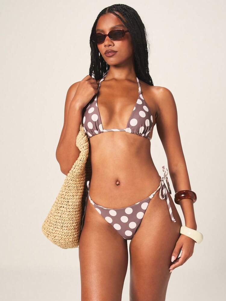 MISSGUIDED Reversible Halter Triangle Bikini Set With Polka Dot Print Side Tie Bottom Summer Beach Swimwear Two Piece