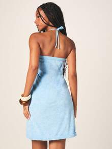 MISSGUIDED Conjunto de bikini con toalla, top triangular con cuello halter y Bottom con lazos, y vestido de cubierta a juego para vacaciones de verano en la playa - Azul - Ver 5