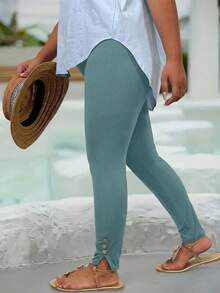EMERY ROSE Plus Size Solid Color High Waist Casual Leggings - Blue - View 1