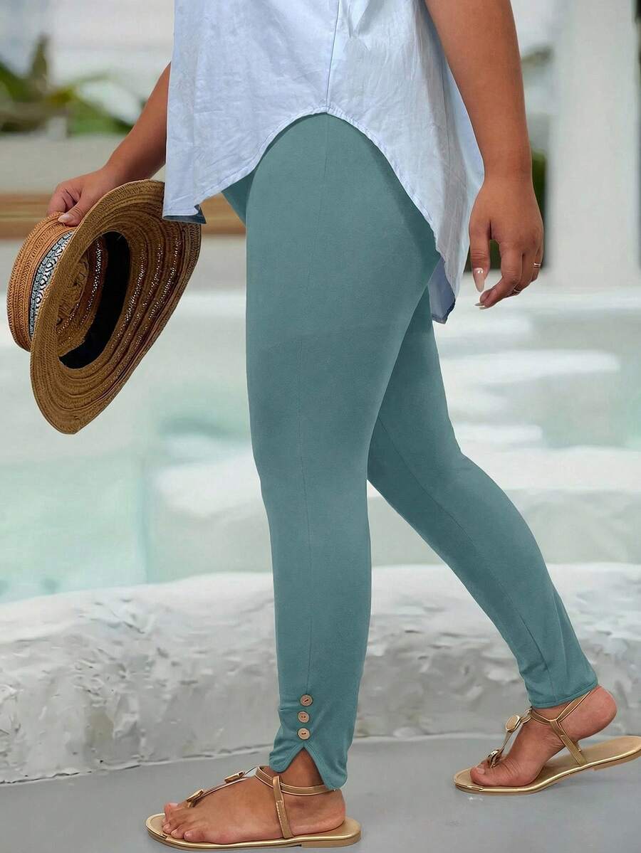 EMERY ROSE Plus Size Solid Color High Waist Casual Leggings - Blue - View 1