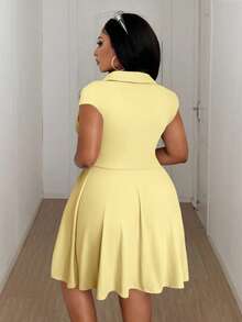 Maweii Plus Size V-Neck Ruched Waist Short Sleeve Dress - Yellow - View 4