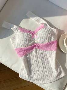 Comfortcana 女士撞色蕾丝蝴蝶结装饰简约无袖背心，休闲日常穿着 - 白色 - 查看 4