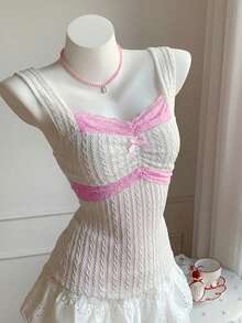 Comfortcana 女士撞色蕾丝蝴蝶结装饰简约无袖背心，休闲日常穿着 - 白色 - 查看 6