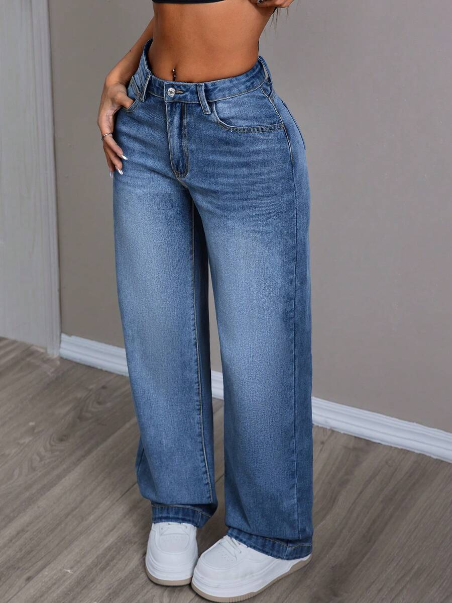 SHEIN PETITE Women's Casual Everyday Washed Slant Pocket Loose Straight Leg Jeans - Medium Wash - View 1