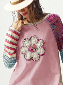 Bohemela Áo thun cổ tròn in họa tiết chắp vá BOHO thường ngày dành cho nữ, mùa thu - Hồng - Xem 3