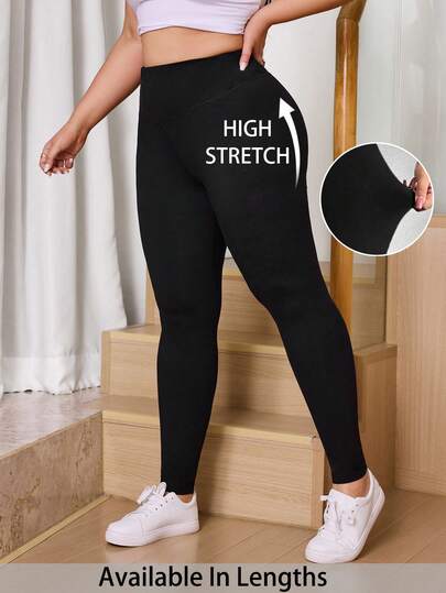 SHEIN Tall CURVE Plus Size Women Solid Color Elastic Waist Casual Leggings Black Leggings For Women Women's Black Leggings Black Yoga Pants High Waist Leggings Plus Size Leggings, High-Waisted Leggings, Women's Leggings, Black Pants,Valentine Outfits For Women,Carnival Costume For Women