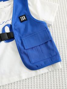 SHEIN Baby Jungen/Mädchen 3-teiliges Set: Weicher gestrickter Pullover mit Buchstabendruck, rundem Ausschnitt und Kurzarm, ärmelloser Cargo-Weste und Shorts mit Gummibund, geeignet für lässige Unternehmungen und Straßenmode - Verschiedenfarbig - Übersicht 7