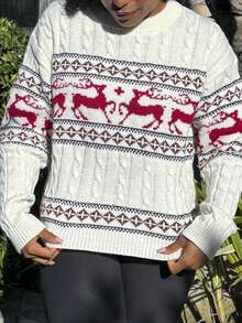 Tyla Gomez 女士休闲驯鹿图案圆领落肩长袖毛衣，秋冬 - 白色 - 查看 4