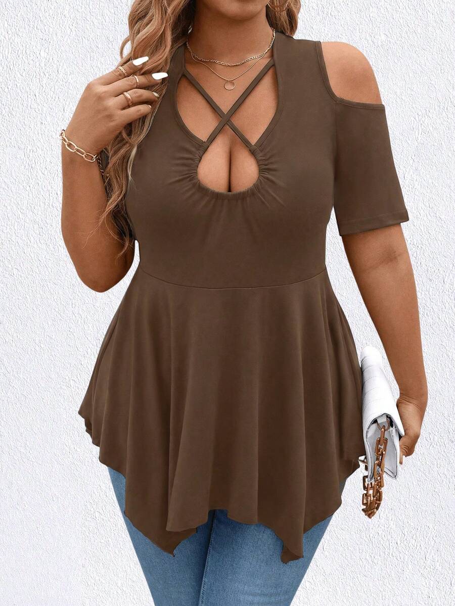 EMERY ROSE 大码女式优雅U领不对称下摆T恤 - 咖啡棕 - 查看 1