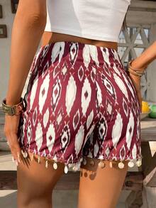 SHEIN Holidaya Women's Spring/Summer New Printed Waist Twist Knot Design Shell Tassel Patchwork Elegant Romantic Culottes - Multicolor - View 2