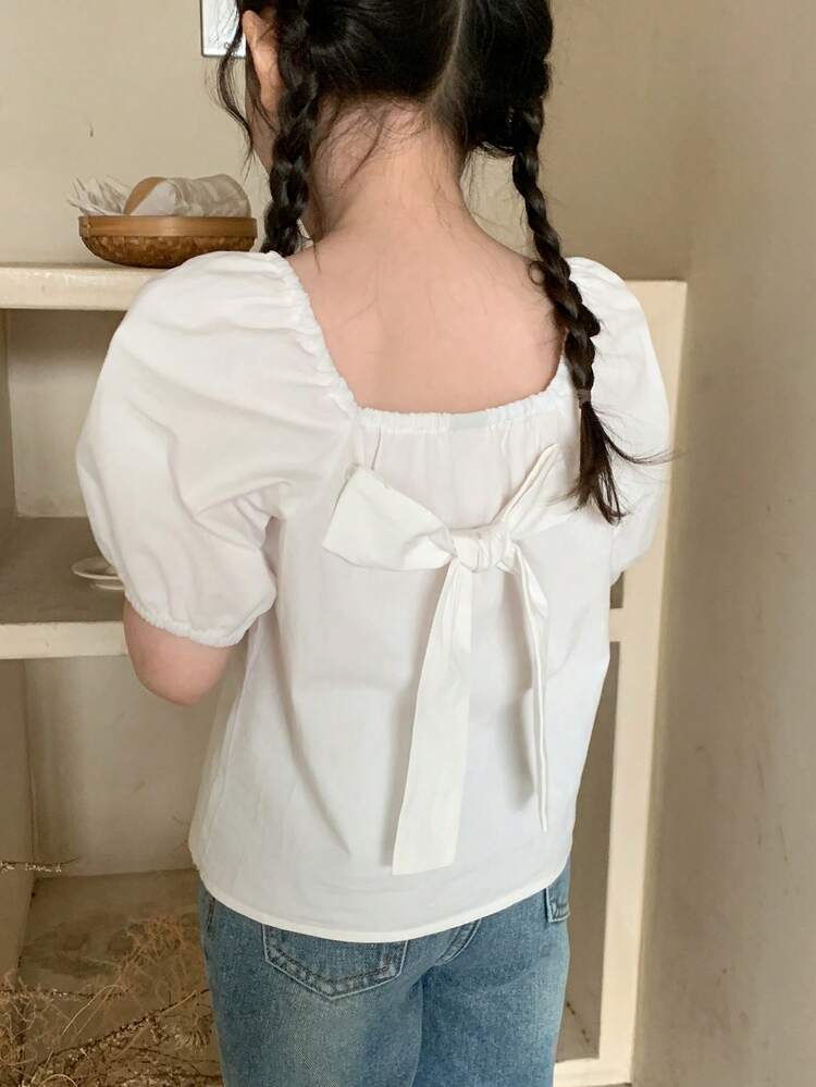 Young Girl Summer Casual Cute Solid Color Sweetheart Neck Puff Sleeve Bowknot Back Blouse