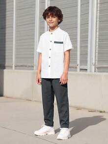 SHEIN Vacaura 2件套青少年休闲白衬衫和裤子，百搭校园风，适合青少年男孩 - 深灰色 - 查看 4