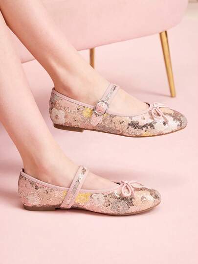 CUCCOO DOLLMOD Zapatos planos tipo Mary Jane con decoración de lazo, puntera redonda, patrón de flores con lentejuelas rosas, brillantes y lindos, adecuados para uso diario, festivales, fiestas de cumpleaños y San Valentín
