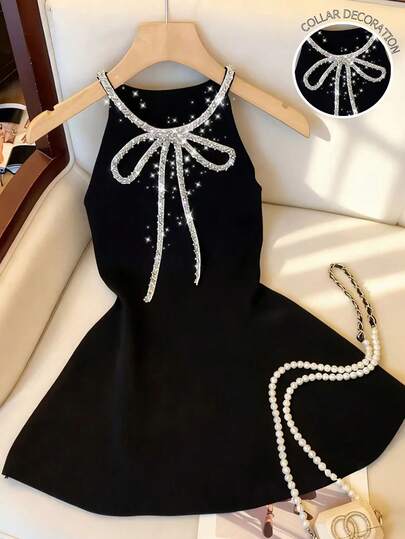 GlowEve Women's Elegant Rhinestone Bow Tie Decor Halter Cinched Waist Dress, Suitable For Summer Dates