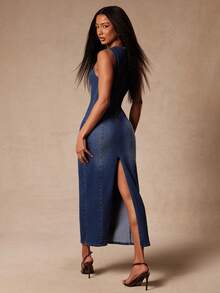 NYA SZN Denim Dress Fitted Bodycon Hardware Detail Cutout Seaming Maxi Length Easter St. Patricks Day Brunch Casual Everyday Going Out Office Siren Western Country Date Night Elegant Luxury Dark Wash Outfits For Women - Dark Wash - View 2