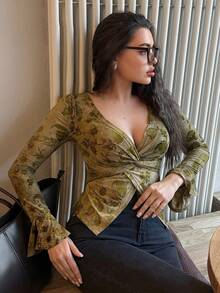 DAZY 女士优雅复古花卉植绒网纱扭结喇叭袖T恤外出上衣 - 芥末黃 - 查看 1