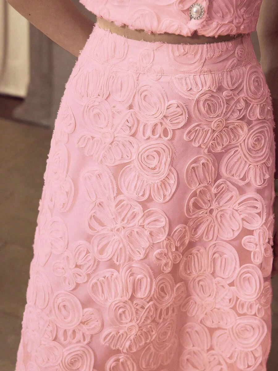 MOTF PREMIUM ELEGANT JACQUARD TEXTURED LACE A-LINE LONG SKIRT FOR WOMEN - Pink - View 1