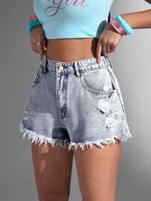 SHEIN ICON Quần short denim rách gấu dáng casual thời trang dành cho nữ cỡ lớn. - Rửa nhẹ - Xem 3