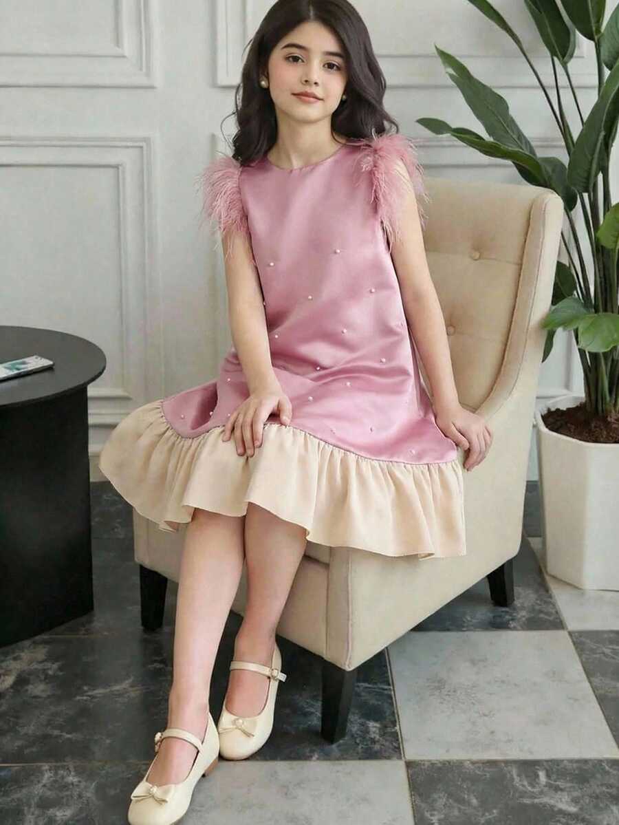 少女款无袖A字公主裙,饰以仿珍珠,法式风格,适合家庭聚会和日常穿着,冬季款 - 淺粉色 - 查看 1