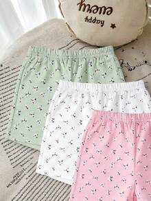SHEIN Playful Pals 3件組女嬰粉色碎花短褲套裝，可愛夏季度假風，清新綠、純白、柔粉，彈性腰頭，柔軟面料 - 彩色 - 查看 3