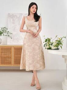 DAZY Women's Elegant Floral Textured Sleeveless Square Neck Midi Dress, Summer,Wedding Guest Dress Women Sundress - Apricot - View 6