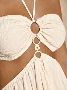 SHEIN BAE 女士休闲度假前后镂空环饰露背吊带纹理连衣裙，沙滩度假连衣裙，沙滩，度假，旅行，姐妹出游浅黄色纹理连衣裙 - 杏色 - 查看 6