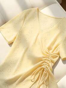 Franclia Women's Pale Yellow Summer Elegant Vacation T-Shirt,Short-Sleeved Drawstring Slim-Fitting Textured Fabric Blouse,Knitted Hollow-Out Embroidery Top - Yellow - View 3