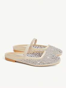 CUCCOO CHICEST 女士鞋履春夏时尚米色全菱格网眼弹力带女士平底穆勒鞋优雅舒适又可爱甜美女士平底半拖鞋 - 白色1 - 查看 2