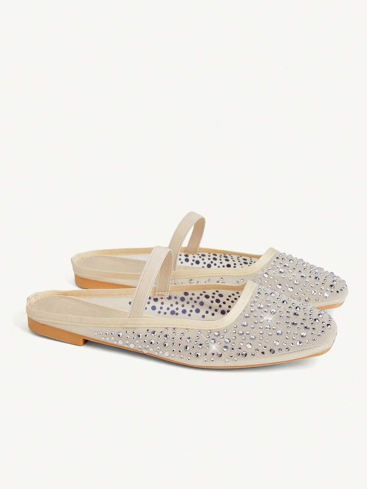 CUCCOO CHICEST Women Shoes Summer And Summer Fashion Beige Full Diamond Mesh Elastic Band Women Flat Mule Shoes Elegant When Comfortable And Cute Sweet Women Flat Shoes Half Slippers Wedding Shoes Summer Shoes Bride Shoes