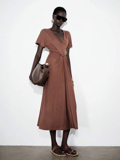 Lumivelle Women's Elegant Coffee Color Dress, French V-Neck Twist Short Sleeve Fitted Dress
