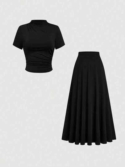 SHEIN PETITE CURVE Classic Black Dress Set, Cropped High Neck Top With Waist Cinching, Pleated Collar, Long Flared Skirt, Elegant Slimming Black Top And Skirt 2-Piece Outfit