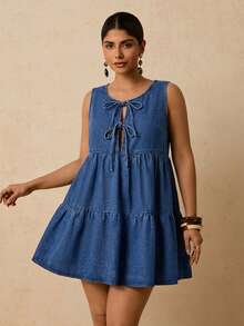 Travachic 大码女式纯色圆领无袖系腰荷叶边下摆牛仔夏季连衣裙 - 藍色 - 查看 8