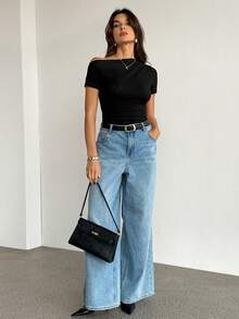 SHEIN Tall 3件套女士休闲纯色不对称领口褶皱T恤，黑色+棕色+白色，夏季 - 彩色 - 查看 11