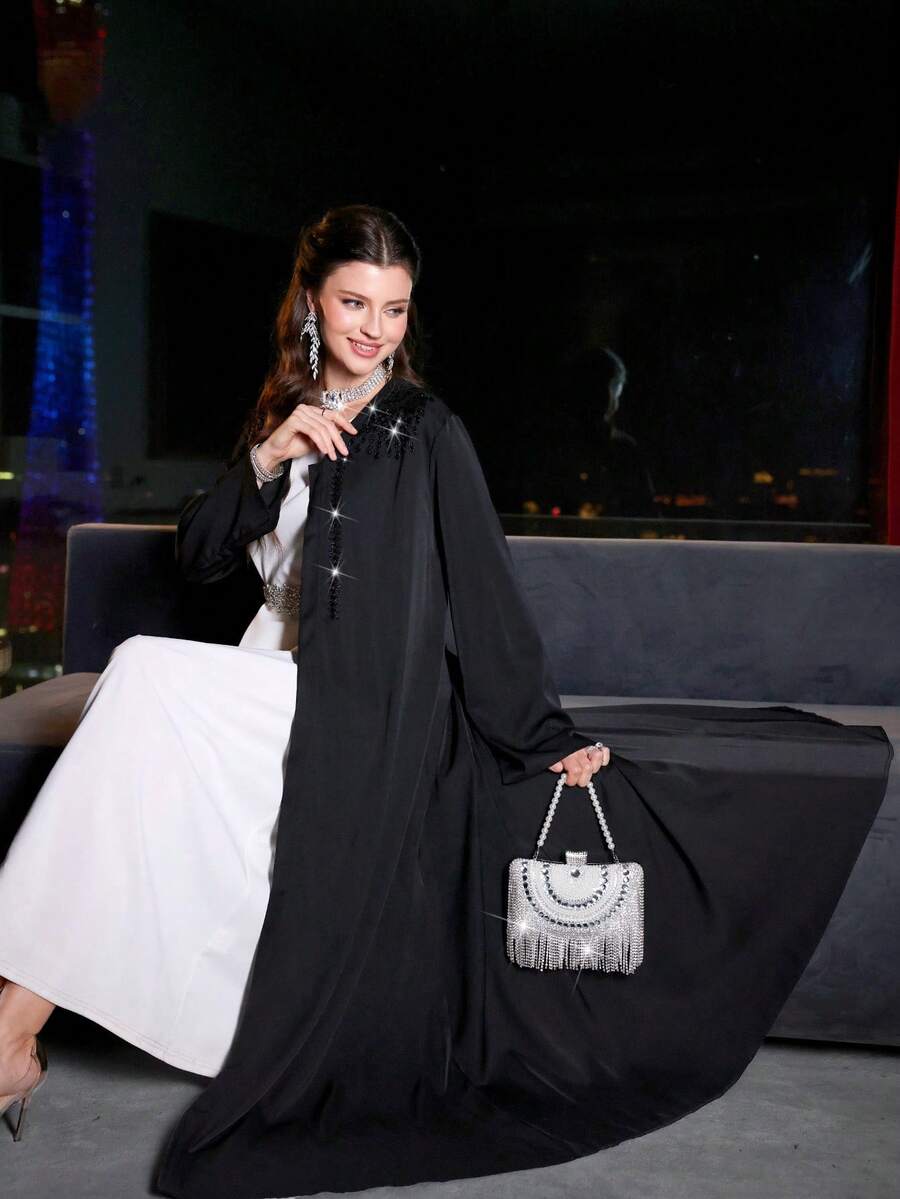 SHEIN Najma Women's Loose Casual Elegant Long Robe With Pearl Embellishment - Black - View 1