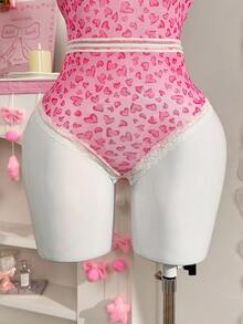 PetitDoll Women's Lace Patchwork Heart Print Backless Halter Sexy Bodysuit - Pink - View 10