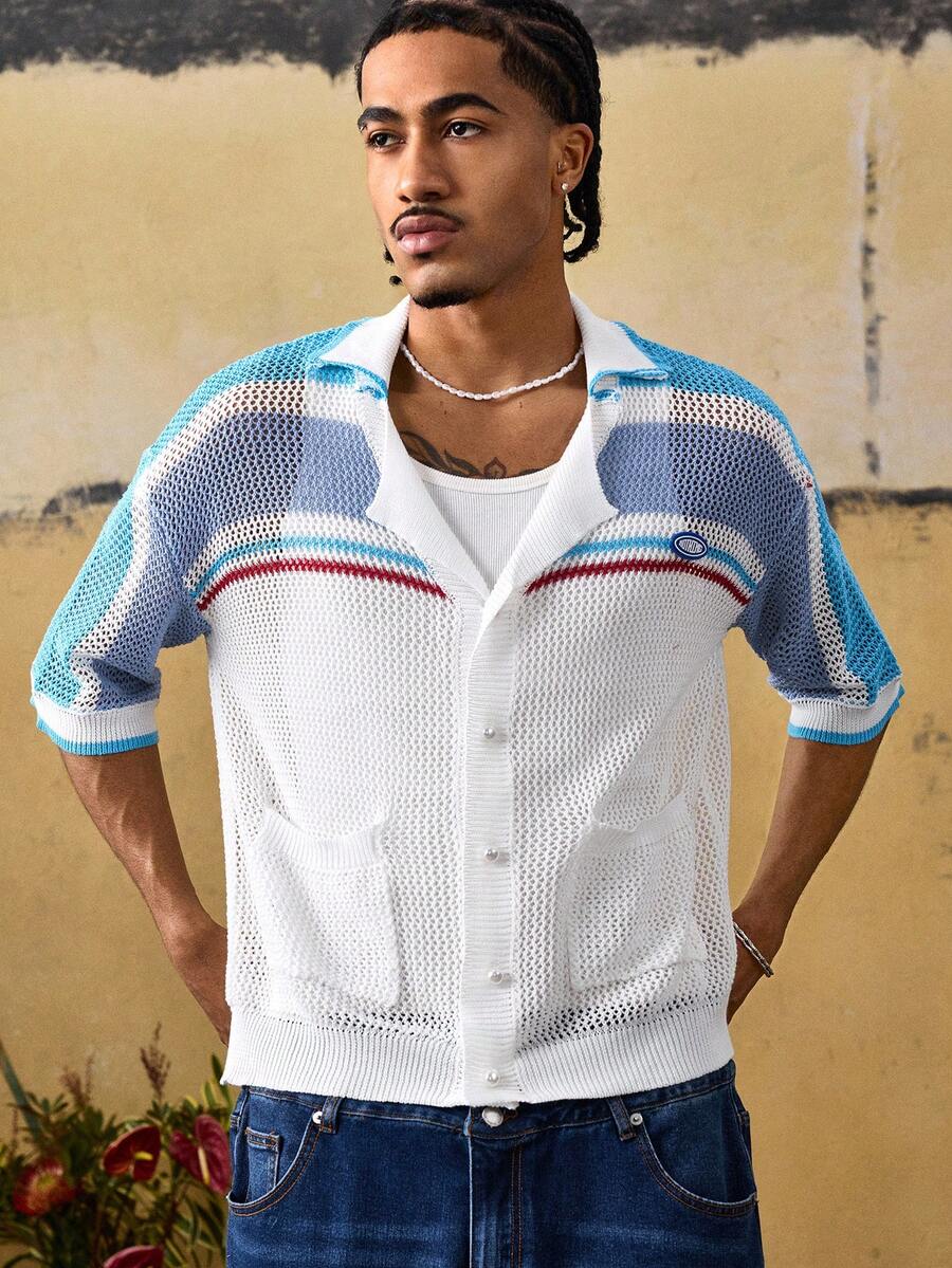 ROMWE MEN Men's Casual Contrast Striped Hollow-Out Knit Sweater - Blue - View 1