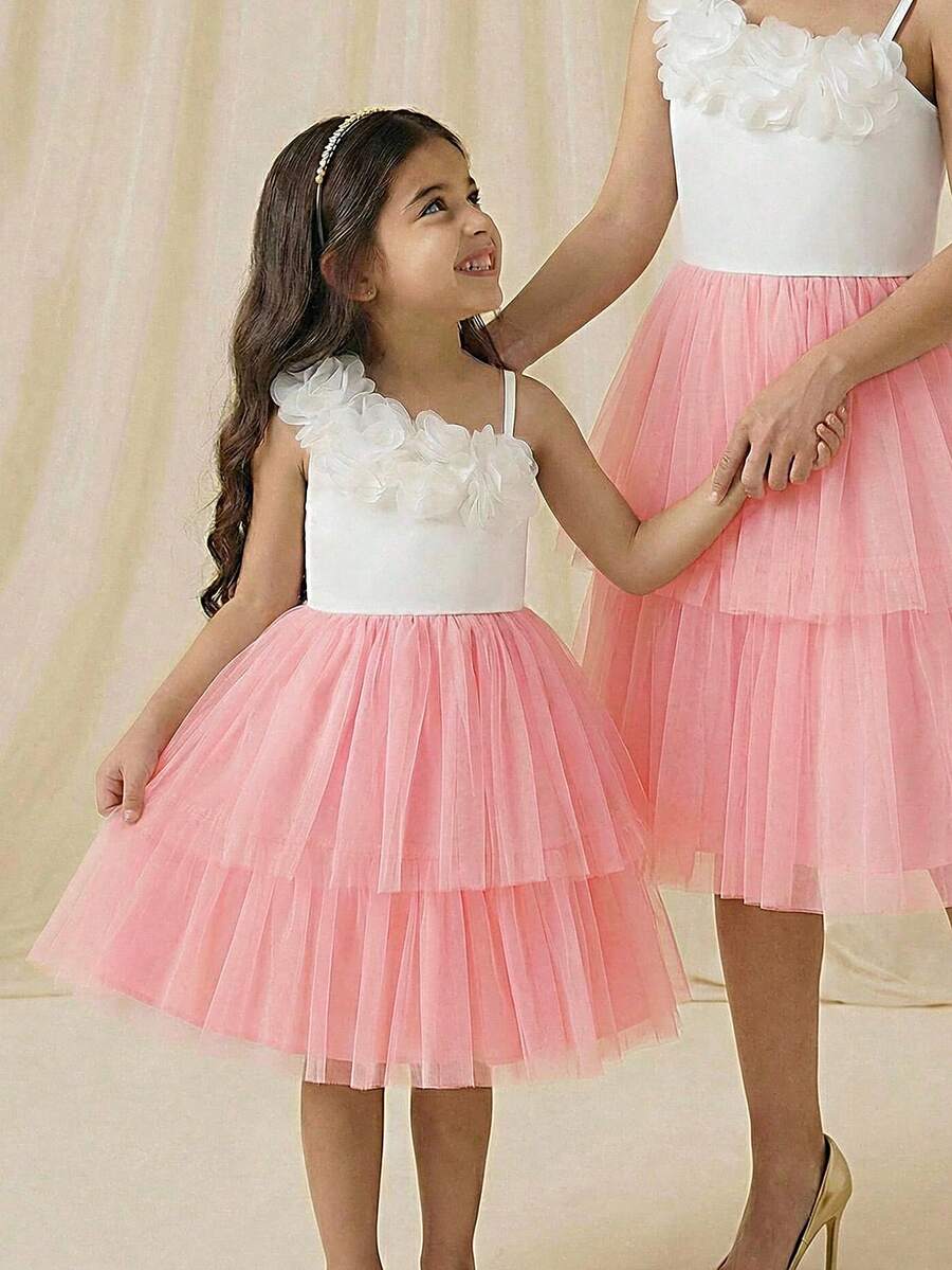 Summer Toddler Girls 4-7 Years Old 3D Flower One-Shoulder Strap Dress, Kids Pink Gradient Tulle Cake Dress, Foreign Trade Children's Clothing - Baby Pink - View 1