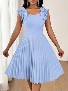 SHEIN Lady Women's Pleated Ruffle V-Neck Sleeveless Short Dress - Baby Blue - View 5