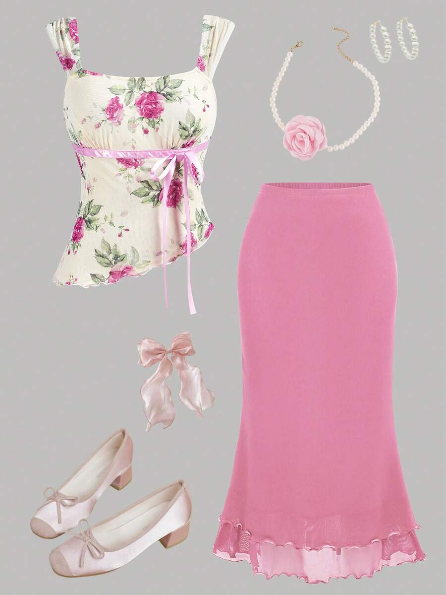 SHEIN Girlism 少女针织网纱印花上衣和纯色迷你裙两件套 - 紫羅蘭色 - 查看 1